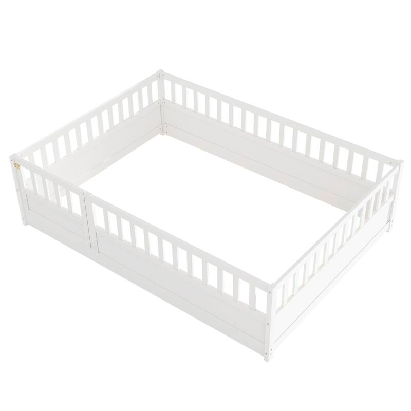 Twin/Full Size Montessori Floor Bed with High Guardrails and Door, Solid Wood Frame