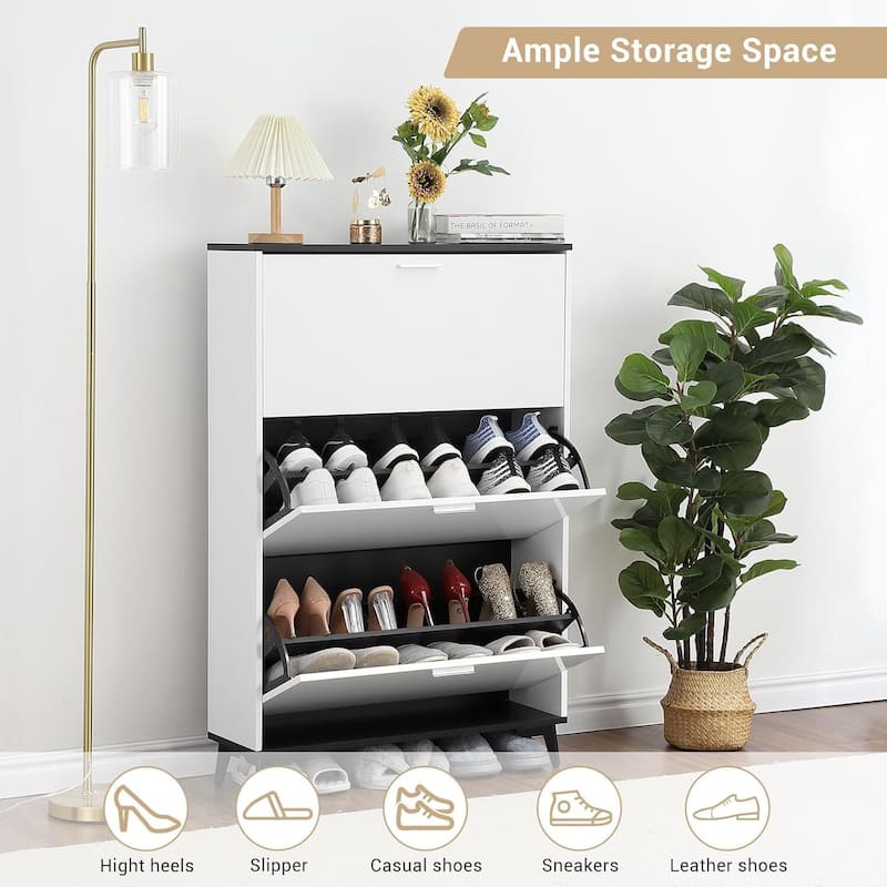 White 3-Drawer Narrow Shoe Cabinet - 47" Tall Wooden Flip Drawer