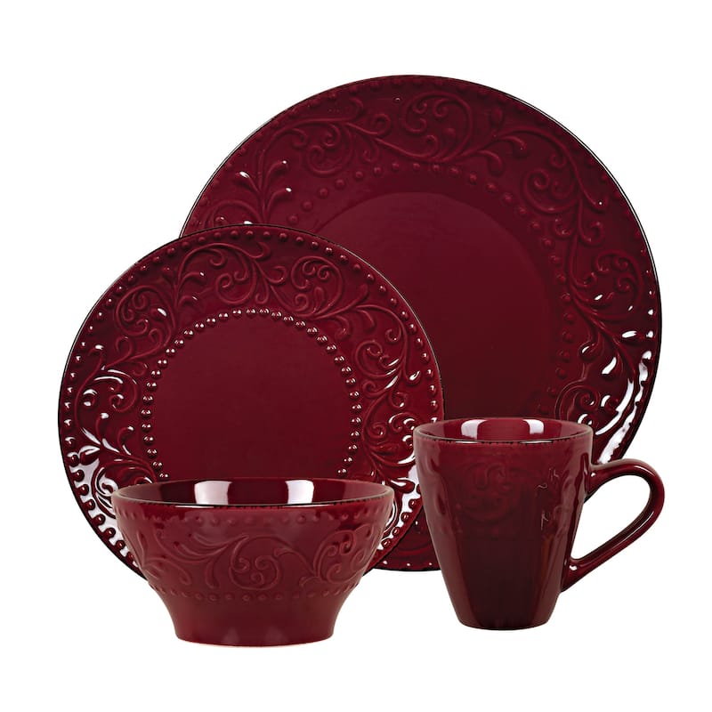 Lorren Home Trends 16 Piece Stoneware Scroll Dinnerware Set-Merlot