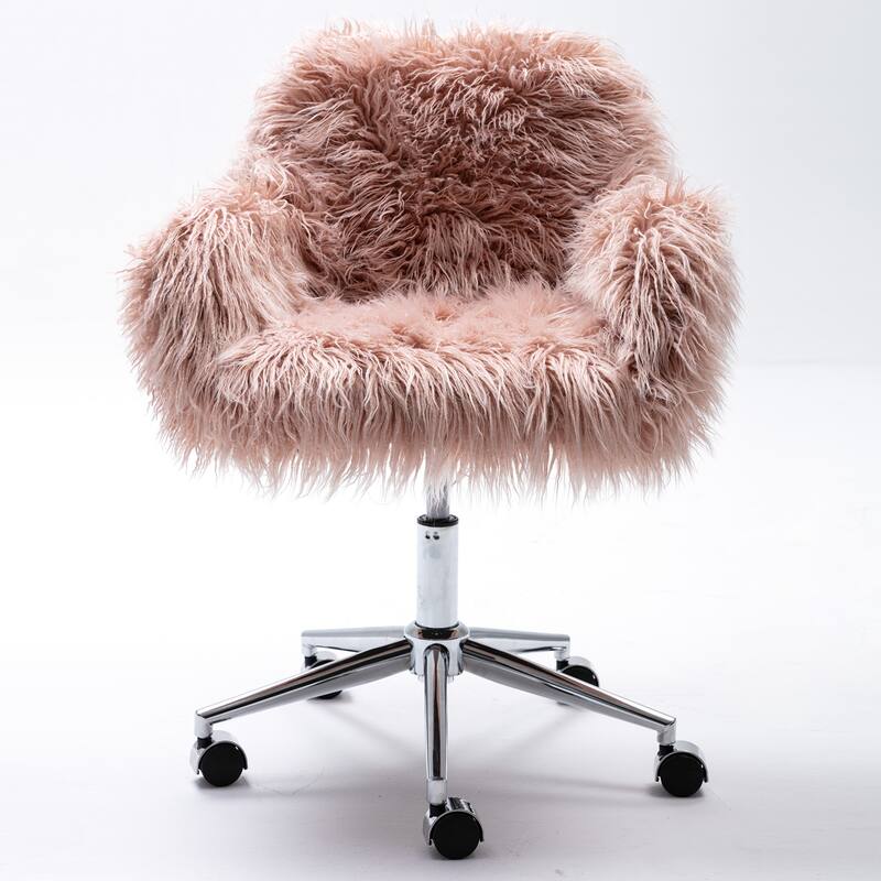 Fauxfur Vanity Chair, Pink Arm Chrome Base Office Compact Padded Seat