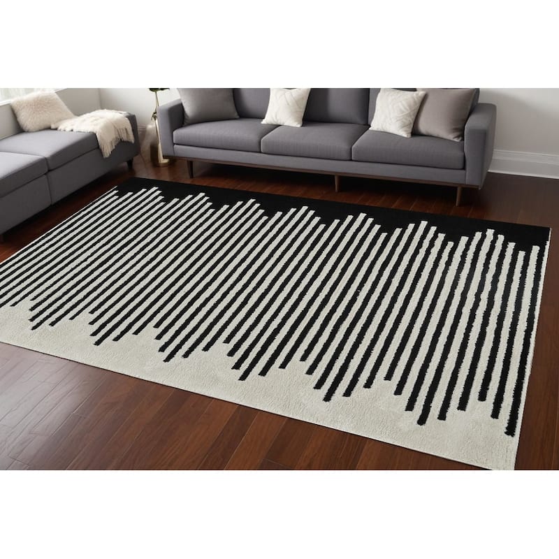 Bewi Distressed Abstract Modern Stain Resistant Woven Soft Area Rug By HomeRoots - 7' X 10' - Cream and Black - Rectangle