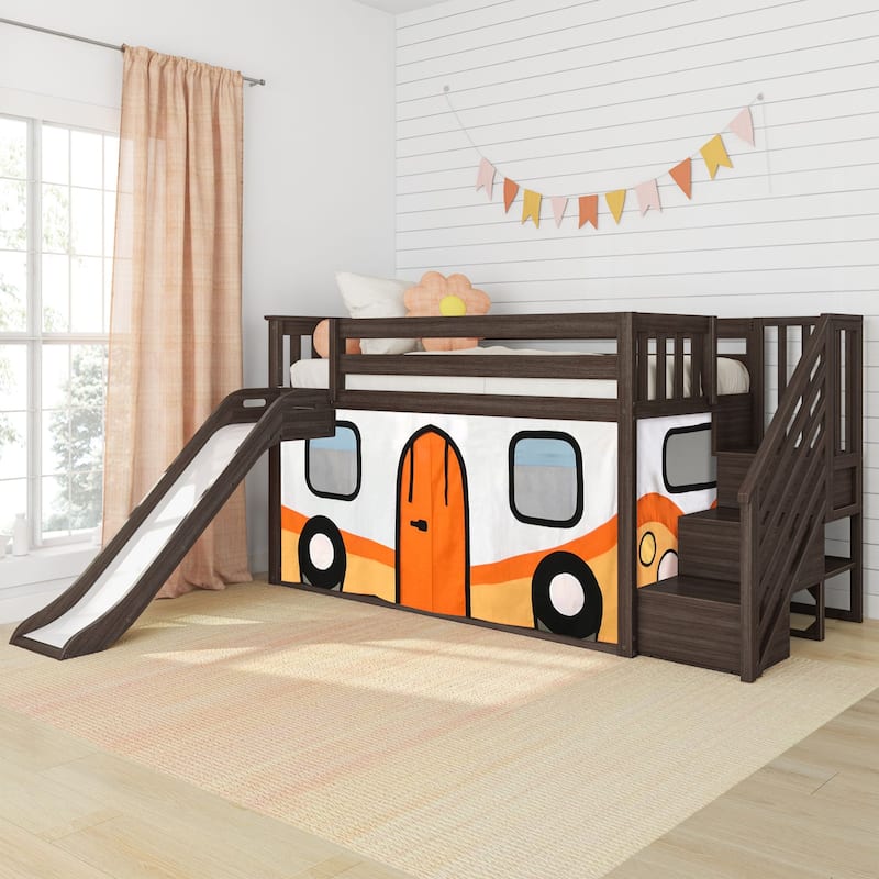 Max and Lily Classic Low Bunk with Stairs, Easy Slide and Curtain - Clay