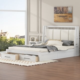 Queen Size Solid Wood Platform Bed with Upholstered Headboard, Kids Bed Frame with 2-Storage Drawers for Bedroom, Antique White