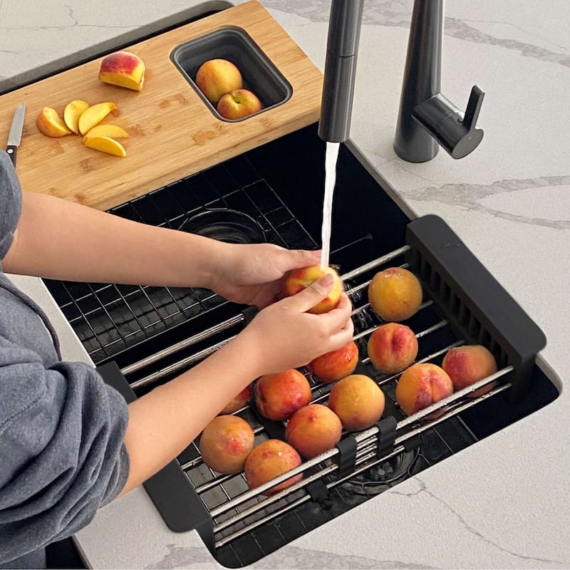 STYLISH Adjustable Over the Sink Stainless Steel Dish or Vegetable Drainer Basket - Black