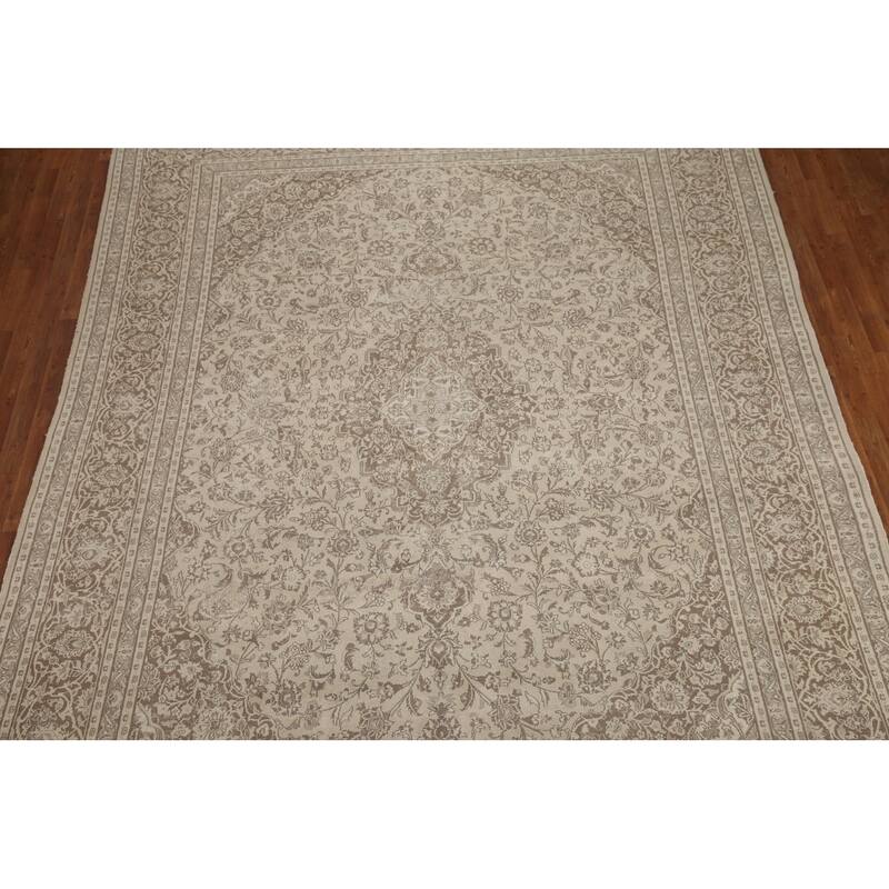 Hand Knotted Oriental 100% Wool Carpet Traditional Floral Beige & Ivories Mashad Area Rug - 12' 4'' X 9' 6''