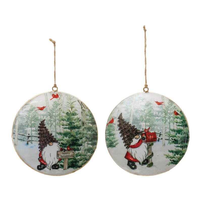 Gnome and Cardinal Forest Disc Christmas Ornaments - 6" - Red and Green - 6ct