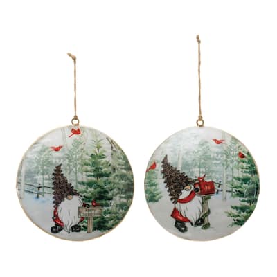 Gnome and Cardinal Forest Disc Christmas Ornaments - 6" - Red and Green - 6ct