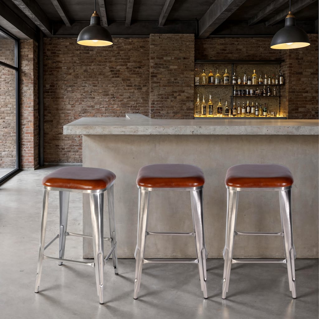 Eastham 30.75 in. Seat Height Leather and Iron Bar Stool with Footrest