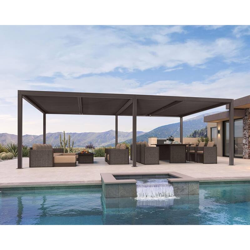 PURPLE LEAF Bronze Louvered Pergola with Adjustable Roof for Deck Backyard Garden Hardtop Gazebo - 14' x 24' - Bronze