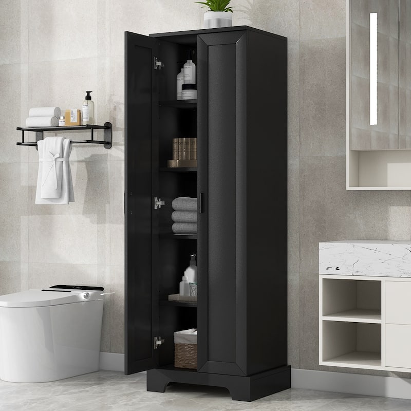 2 Door Bathroom Storage Cabinet 71" Tall Wooden Bathroom Cabinet w/ Adjustable Shelves Bathroom Floor Cabinet Storage Unit - Black