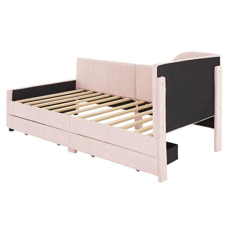 L-Shaped Corduroy Daybed,Upholstered Bed Frame with 2 Storage Drawers