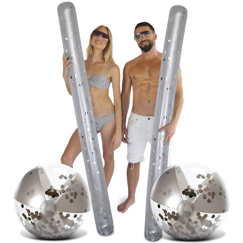 POZA Silver Inflatable Beach Balls and Giant Pool Noodles - 4 Pack - ‎74 x 6 x 6 inches