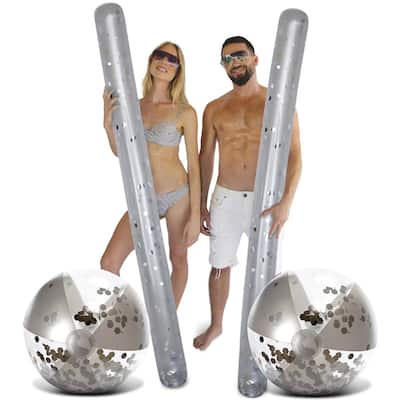 POZA Silver Inflatable Beach Balls and Giant Pool Noodles - 4 Pack - ‎74 x 6 x 6 inches