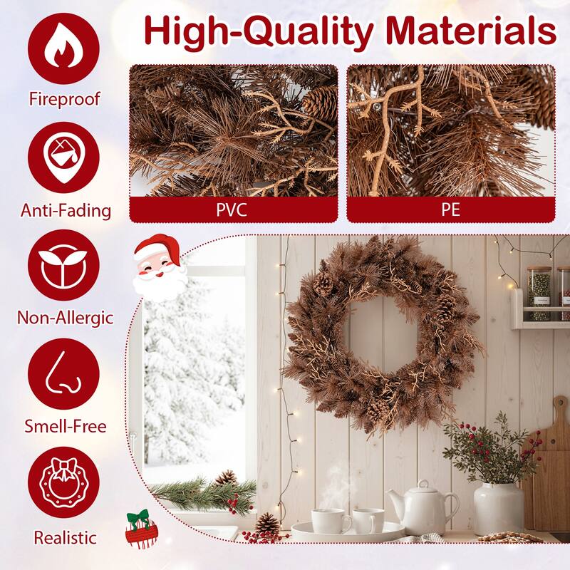 Gymax Set of 2 24'' Pre-lit Christmas Wreath Front Door Artificial