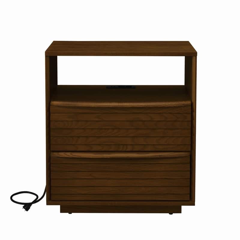 Mid Century Modern Nightstand with Charging Station and Solid Wood Drawers for Versatile Bedroom Use