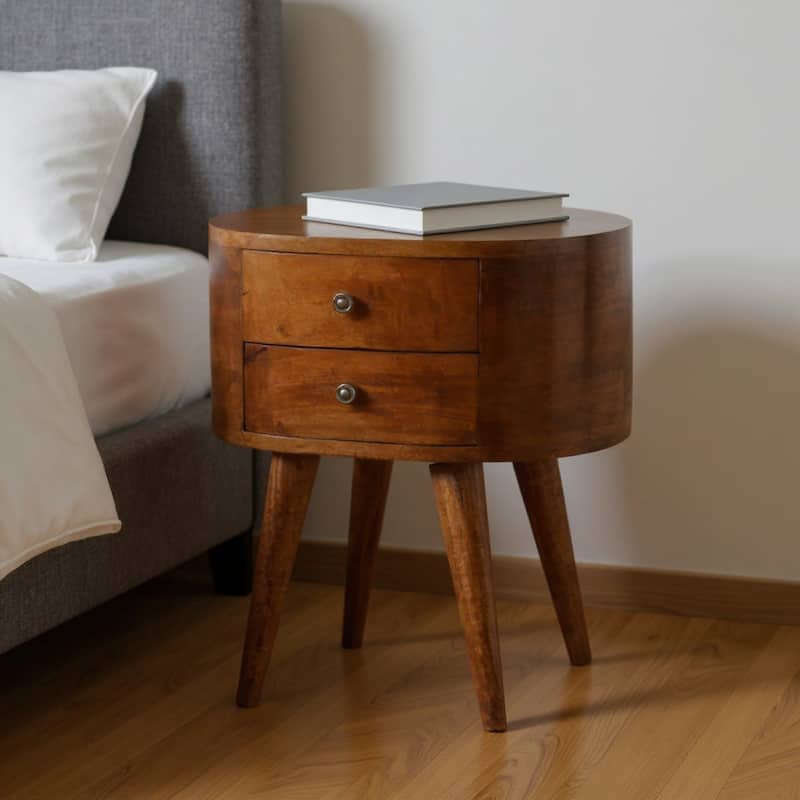 HomeRoots 21" Chestnut Solid Wood Oval Two Drawer Nightstand - Chestnut - 2-drawer