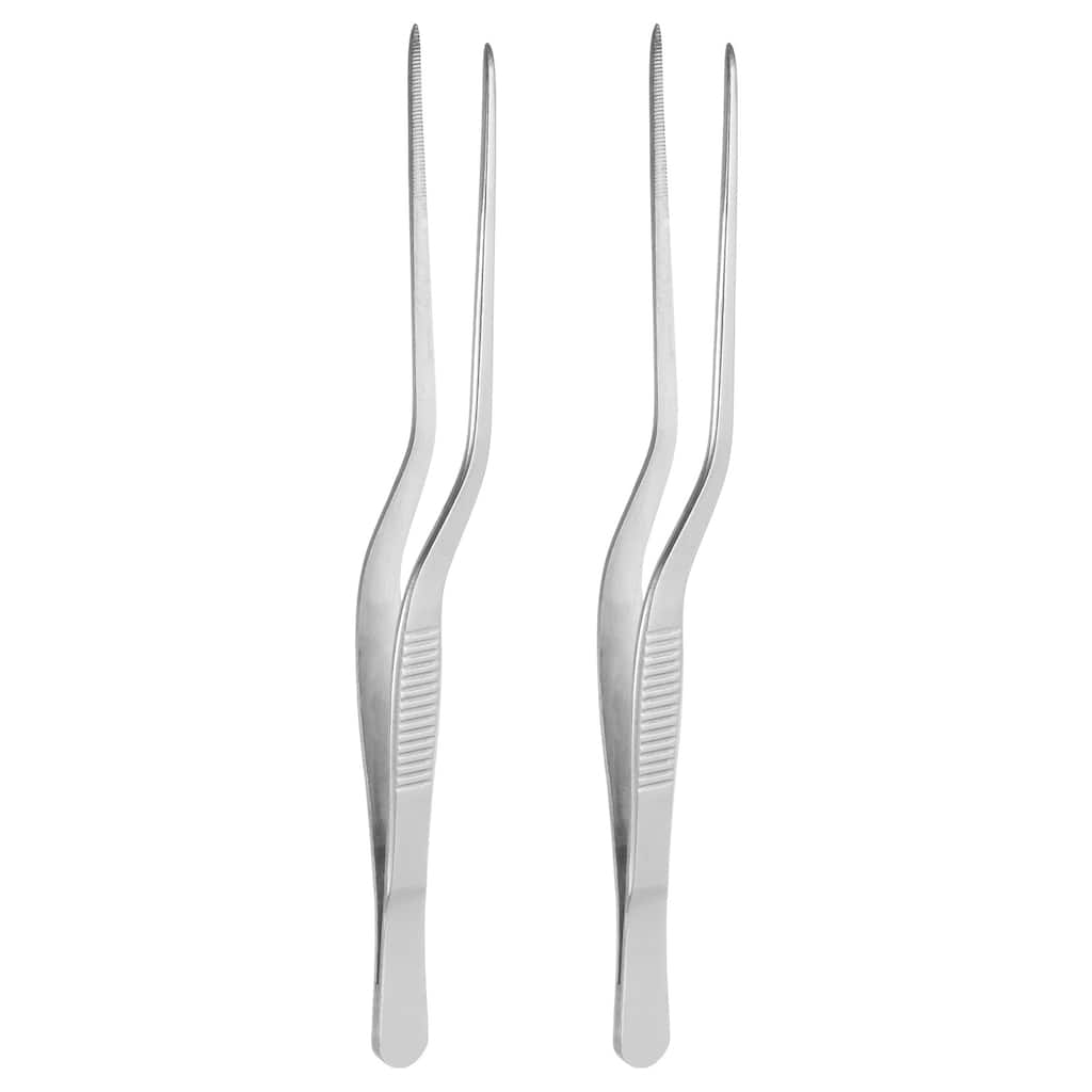 2Pcs Offset Tweezer Tongs Stainless Steel Kitchen Cooking Precision Tweezer - Silver