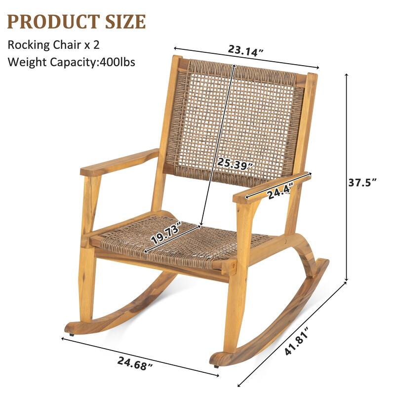 2-Piece Outdoor Acacia Wood Rocking Chair Set with Wicker Rattan Seat & Backrest