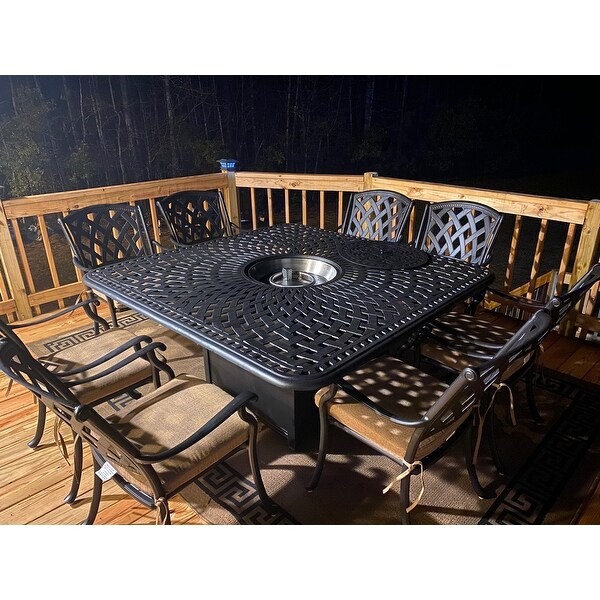 Top Product Reviews For Darlee Ocean View Cast Aluminum Dining Set With Sesame Seat Cushions And 64 Inch Square Propane Fire Pit Dining Table 9 Piece 12917186 Overstock