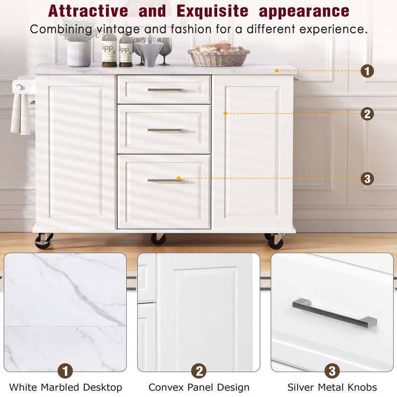 Marble Wood Top Dining Table, Rolling Kitchen Island withTilt Trash Can, Kitchen Cabinet with Drop Leaf Counter