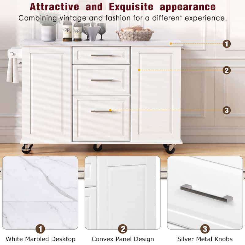 Vintage Rolling Kitchen Cart and Island with Drop Leaf, Tilt Trash Can Cabinet, 2 Drawers and 2-tier Pull-out Storage Organizer