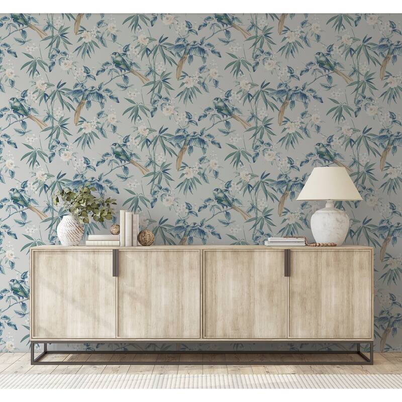 Oriental Floral Birds Grey/Blue Wallpaper