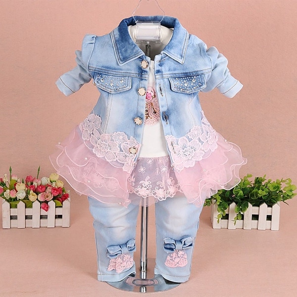 YAO Baby Girls 3 Pieces Clothing Sets Denim Jacket Shirt and Jeans