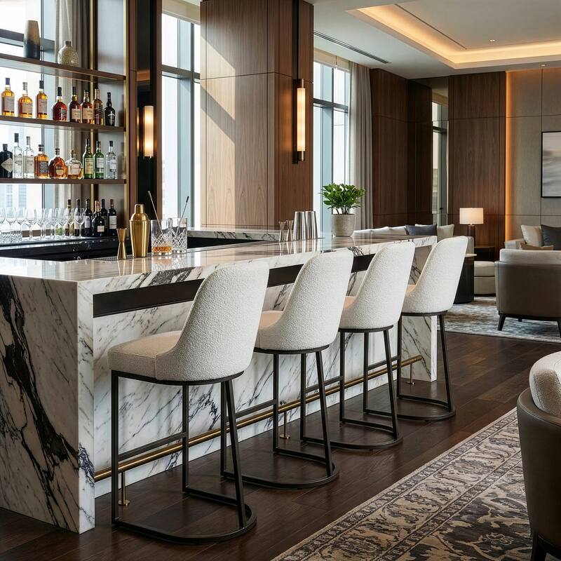 Set of 2 Ayane White Boucle Bar Stool with Iron Legs