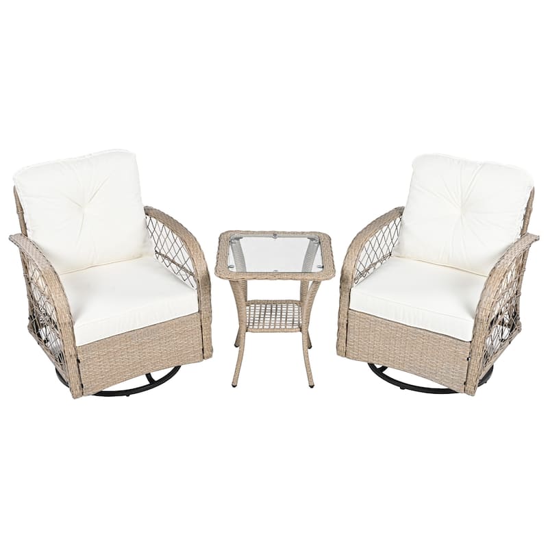 3 Piece Rattan Chair Table Set with 2 Rocking Chairs and Table