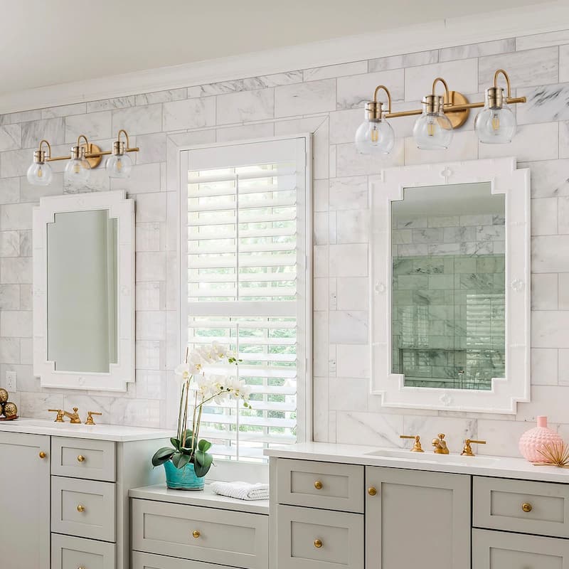 Modern Gold 3-Light Vanity Light with Clear Glass Shades for Bathroom