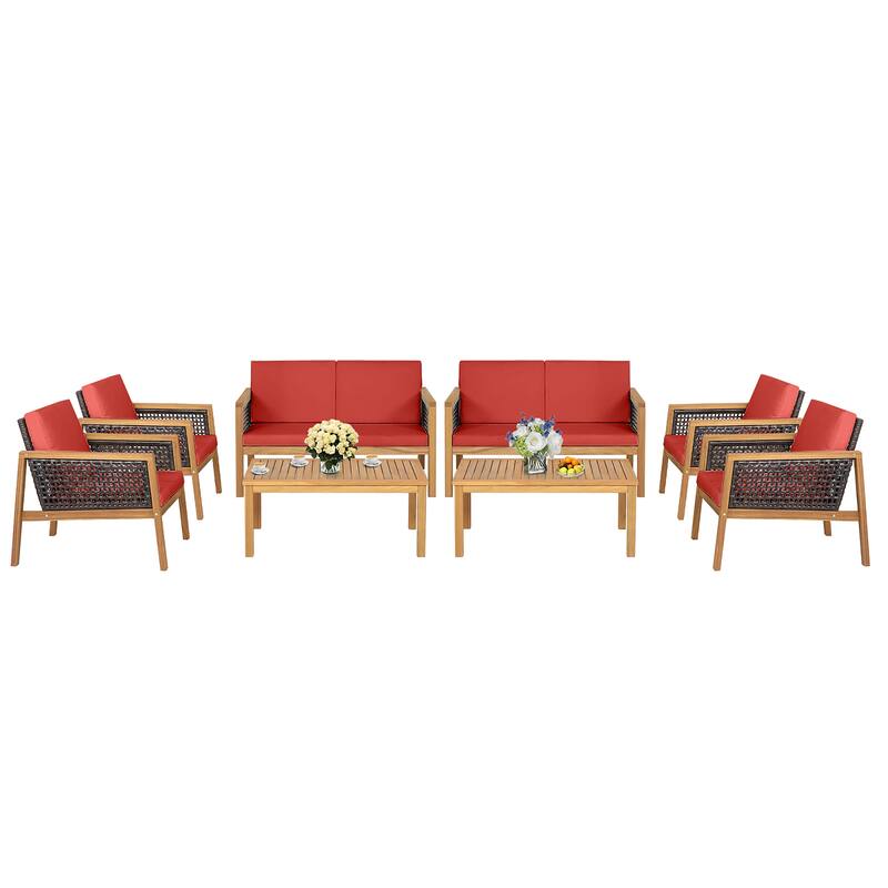 8PCS Patio Rattan Furniture Set Acacia Wood Cushioned Sofa Off - Red