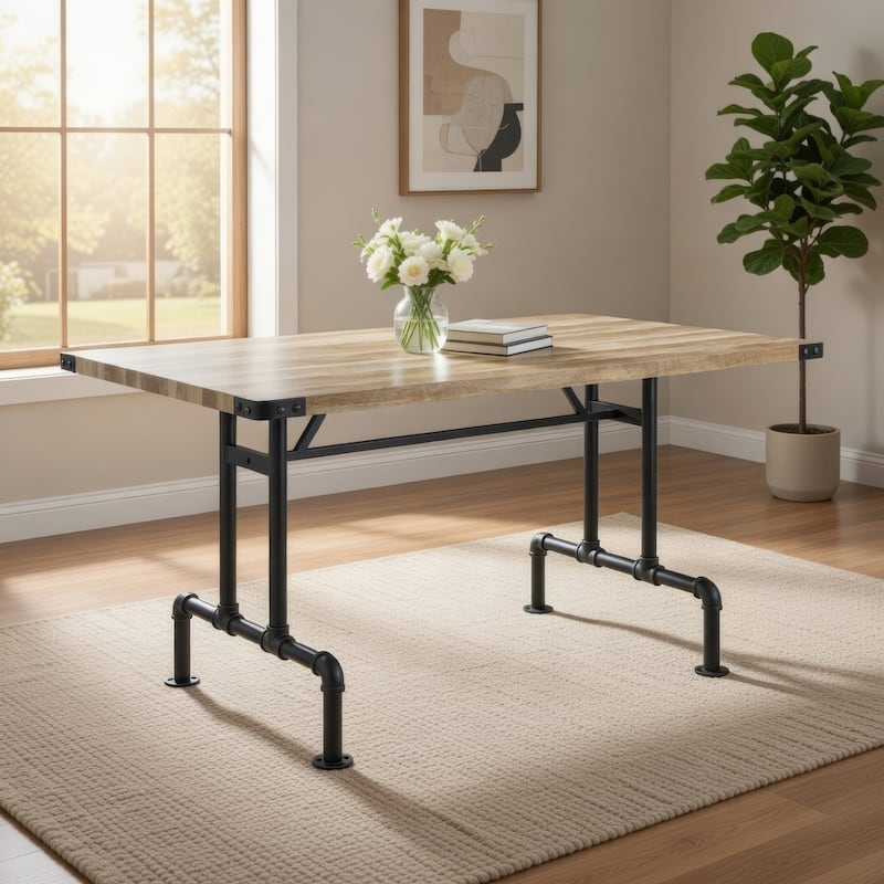 Ada 64 Inch Solid Wood Dining Table, Metal Frame, Rectangular, Brown