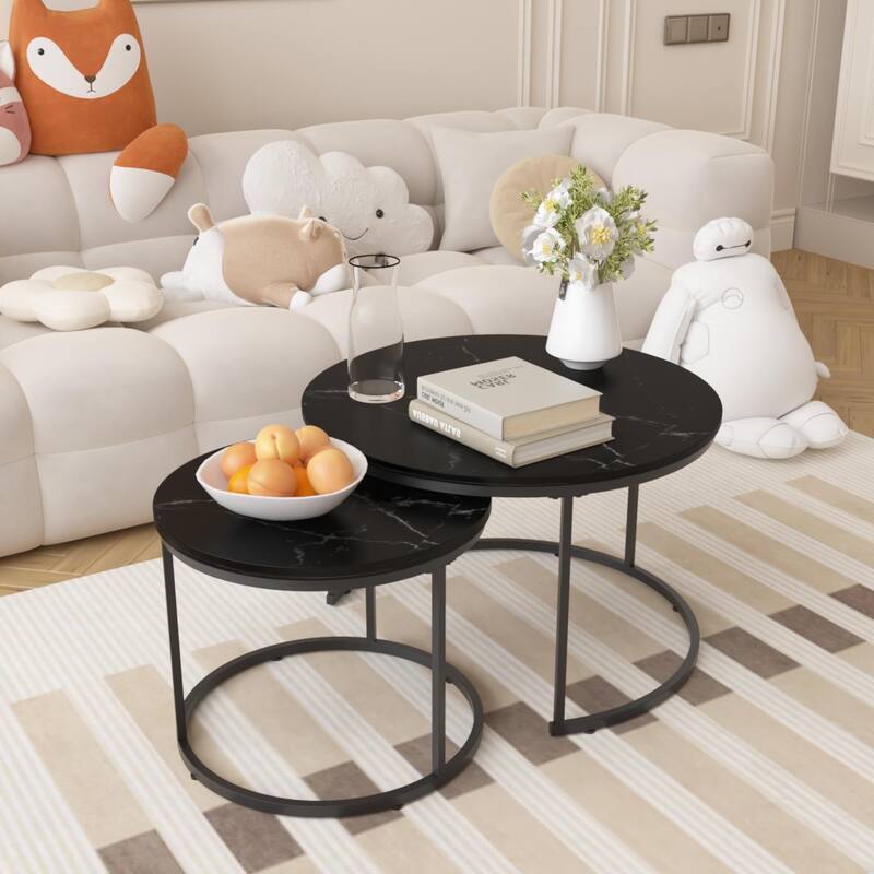 Anmytek Round Nesting Coffee Table Set 2 Piece Wood and Metal Side Tables for Living Room