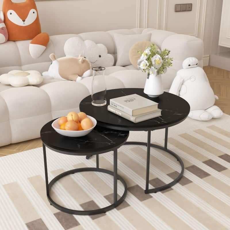 Nesting Coffee Table Round Coffee Table Tea Table Side Table with Metal Frame, for Living Room Bedroom Balcony Garden
