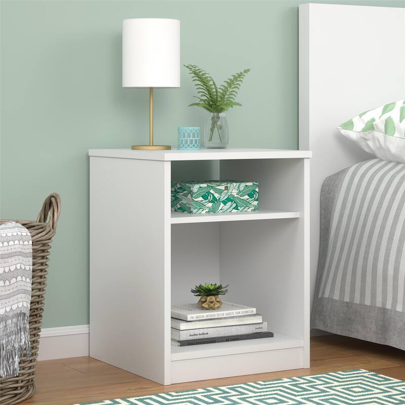 Roomfitters Classic Open Shelf Nightstand with Charging Access, Bedroom Side Table, White