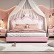 preview thumbnail 11 of 34, Cute Girl Princess Bed with Crown Headboard, PU Upholstered Platform Bed, Wood Panel Bed Low Profile Bed