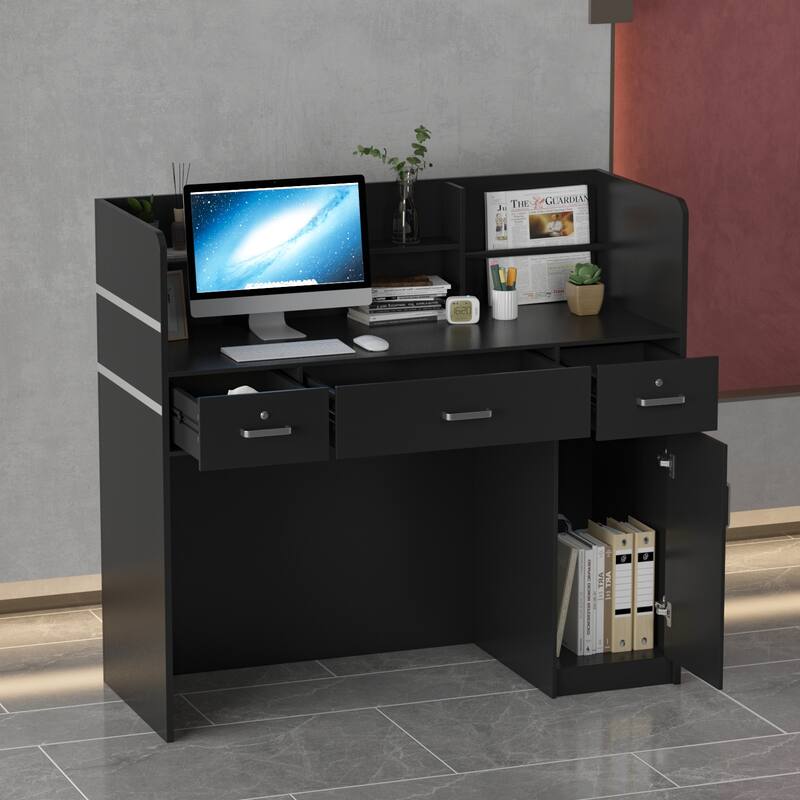 Timechee Reception Desk Counter with Lockable Drawers, Black