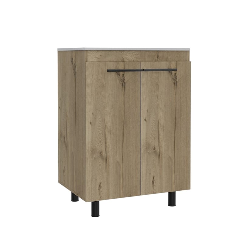 HomeRoots 24" Oak Wood Freestanding Double Door Bathroom Vanity With White Sink - 23.80 in. x 34.10 in. x 18.10 in.