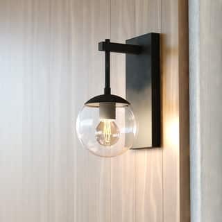 VAXCEL Keeler 12 in. H 1-Light Matte Black Contemporary Outdoor Wall Sconce, Metal, Clear Glass Globe Shade, LED Compatible