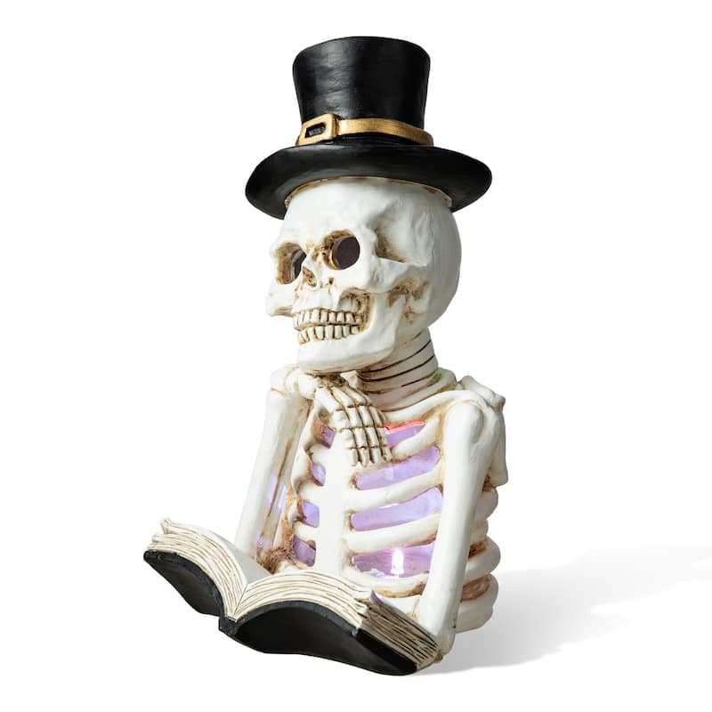 Glitzhome 10.25"H Halloween Lighted Resin Skull Reading Book Figurine Table Decor - Lighted Skull