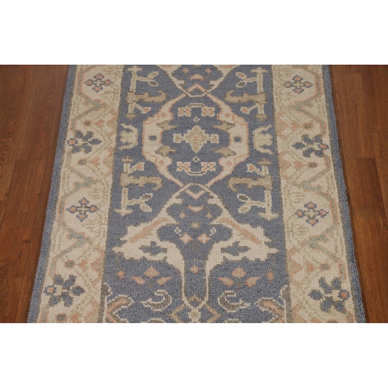 Blue & Beige Oushak Indian Runner Rug Hand-Knotted Wool Carpet - 2'7"x 8'0"
