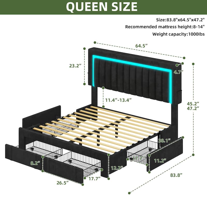 Velvet Upholstered Platform Bed Frame with Adjustable Headboard and 4 Storage Drawers & RGB LED Lights - Black - Queen