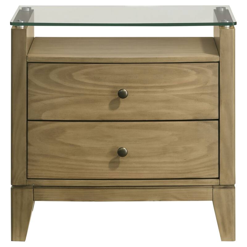 Natural Pine 2-Drawer Glass Top Nightstand with Curved Fronts, Cord Management and Antique Nickel Hardware