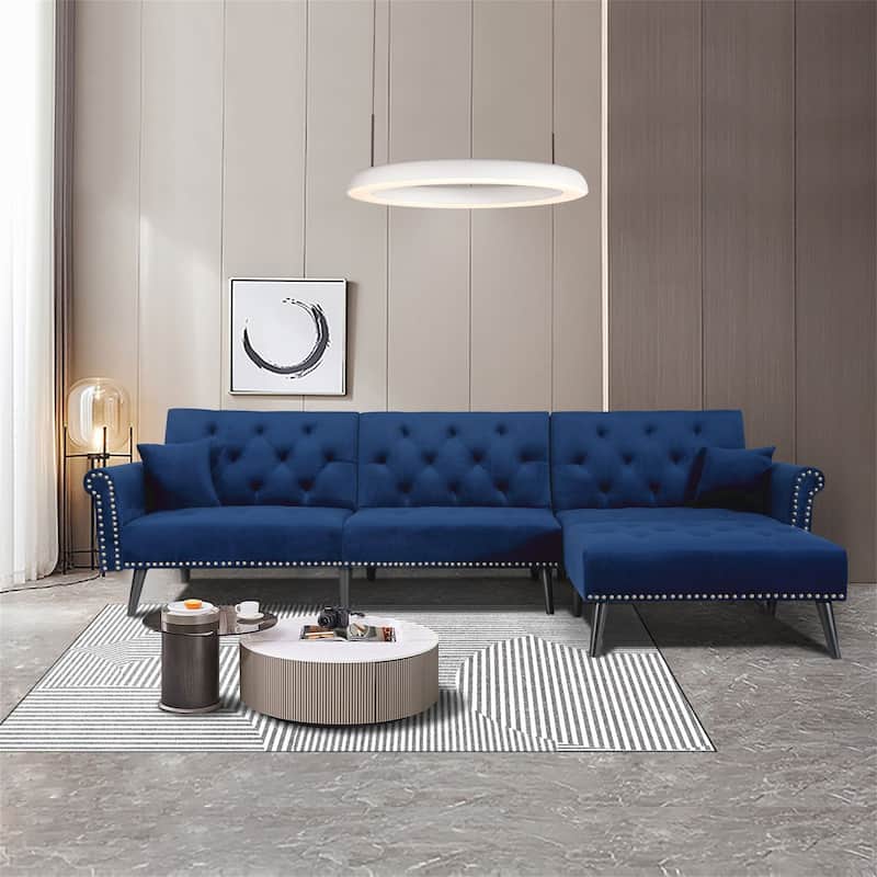 Aukfa Velvet Convertible Sleeper Sectional Sofa Bed - 114.5'' W - Navy Blue