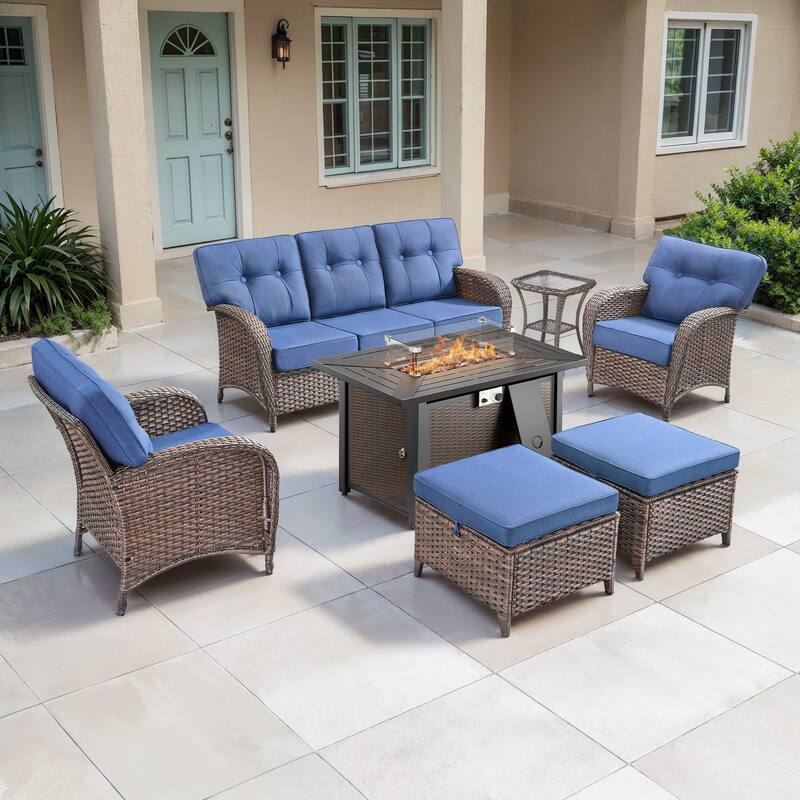 TWrap 7-Piece Wicker Patio Iron Fire Pit Conversation Set with 3-Seat Sofa & Armchairs