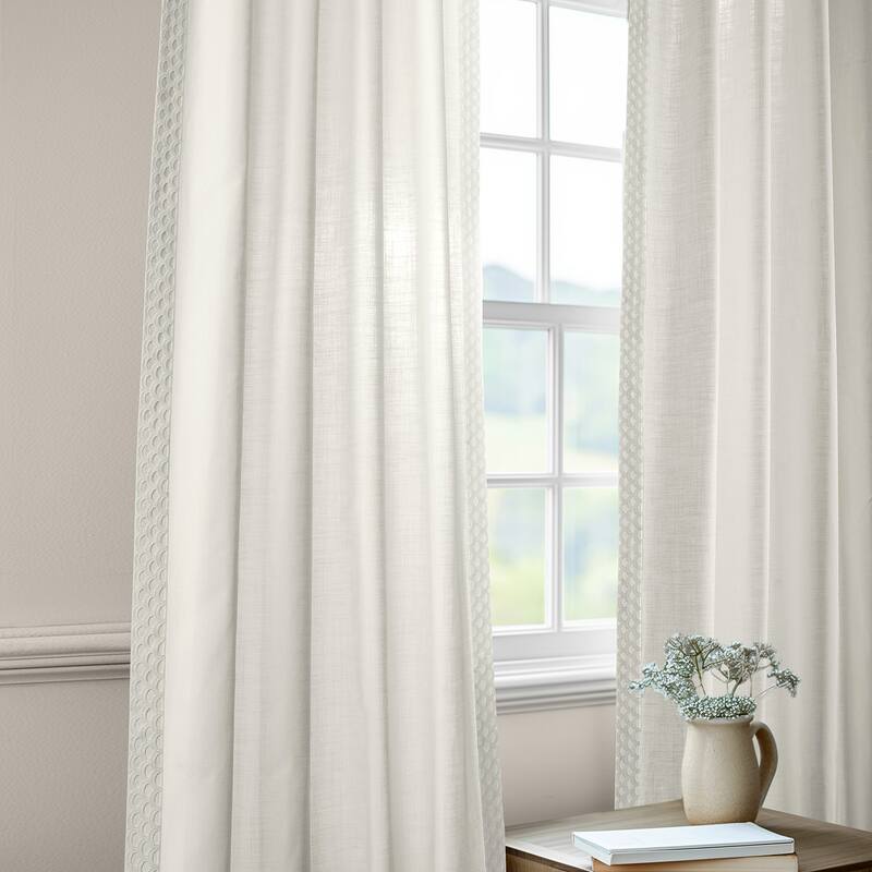Exclusive Fabrics Bordered Textured Cotton Curtains For Bedroom & Living Room Curtains - Single Panel Drapes - 50 X 84 - Scalloped White