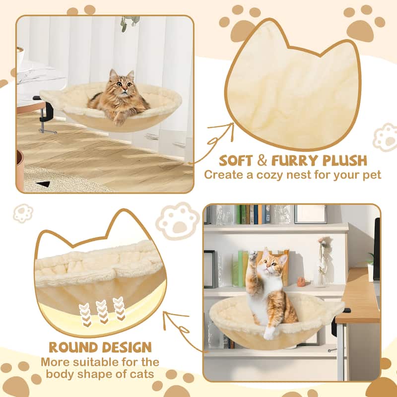 EROMMY 360° Rotating Cat Hammock - Adjustable Desk Bed for Cats Up to 50 lbs, Soft Plush & Iron Frame, Beige