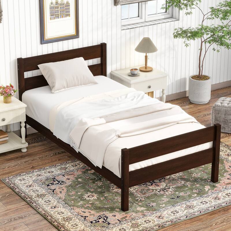 Twin Size Bed with Headboard and Footboard Rustic Minimalist Low Profile Platform Bed with Storage Underneath, Wood Slat Support - Espresso - Twin