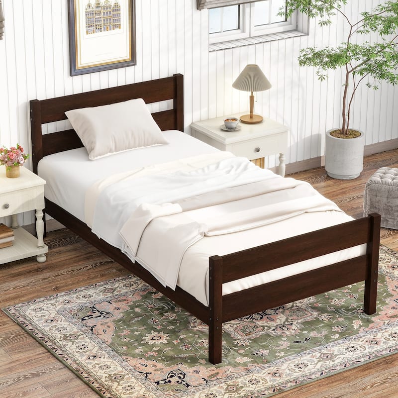 Twin Size Wooden Platform Bed Frame with Headboard and Footboard, Underbed Storage Space, Sturdy Rubber Wood Construction - Espresso