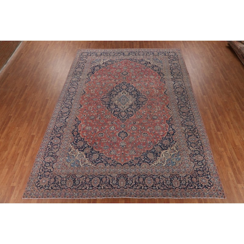 Traditional Kashan Large Persian Vintage Rug Hand-Knotted Wool Carpet - 10'2"x 14'0"
